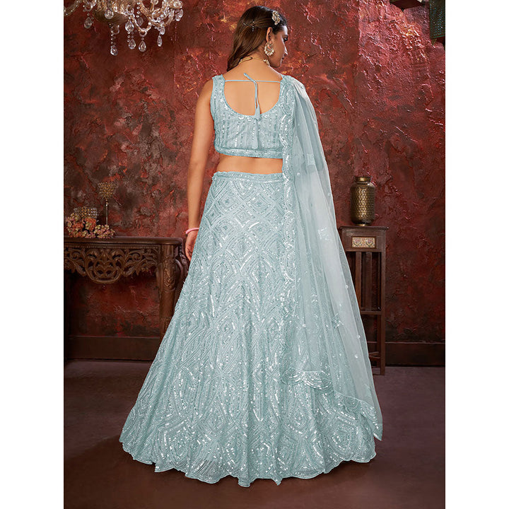 Odette Sky Blue Net Embellished Semi Stitched Lehenga with Unstitched Blouse (Set of 3)