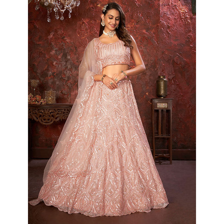 Odette Peach Net Embellished Semi Stitched Lehenga with Unstitched Blouse (Set of 3)