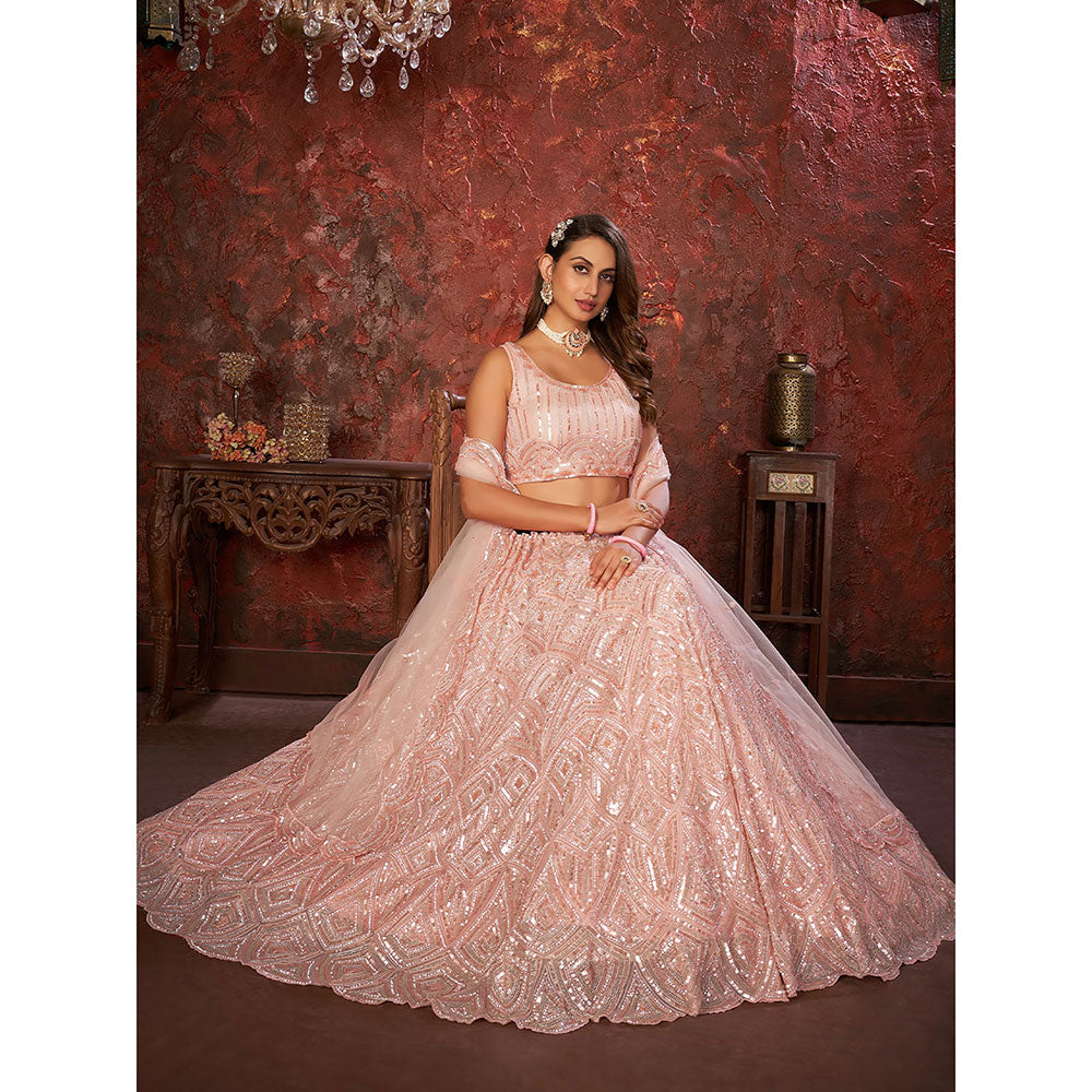 Odette Peach Net Embellished Semi Stitched Lehenga with Unstitched Blouse (Set of 3)