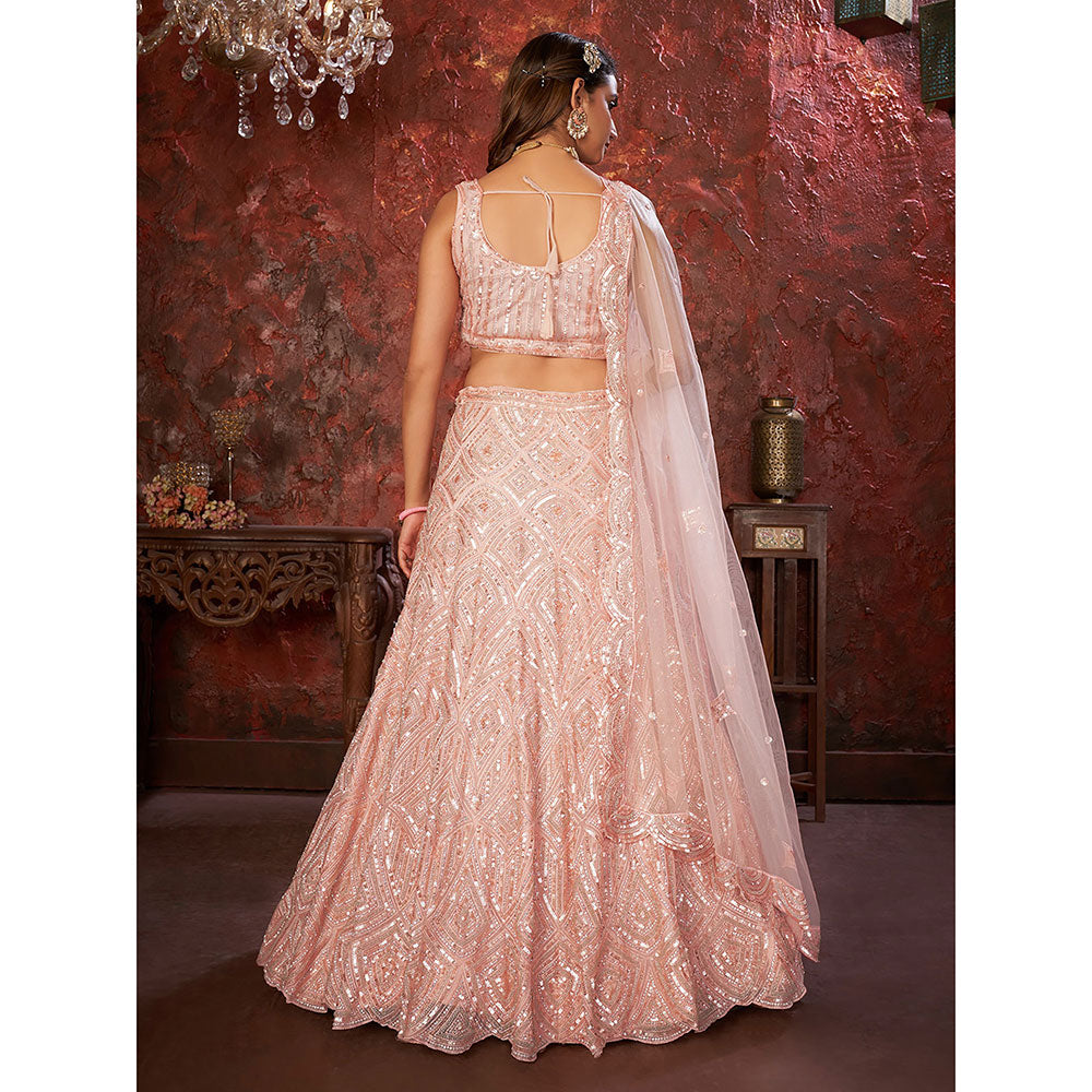 Odette Peach Net Embellished Semi Stitched Lehenga with Unstitched Blouse (Set of 3)