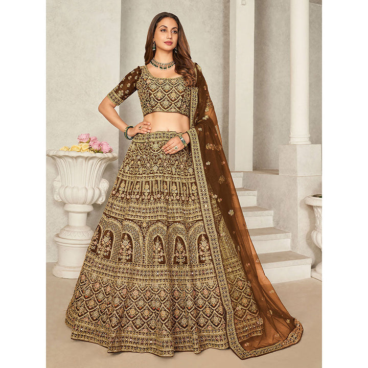 Odette Brown Organza Net Embroidered Semi Stitched Lehenga with Unstitched Blouse (Set of 3)