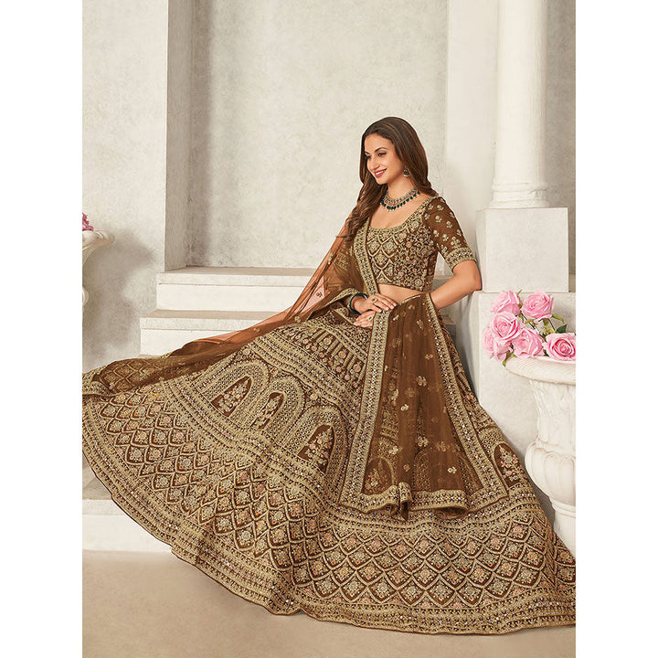 Odette Brown Organza Net Embroidered Semi Stitched Lehenga with Unstitched Blouse (Set of 3)