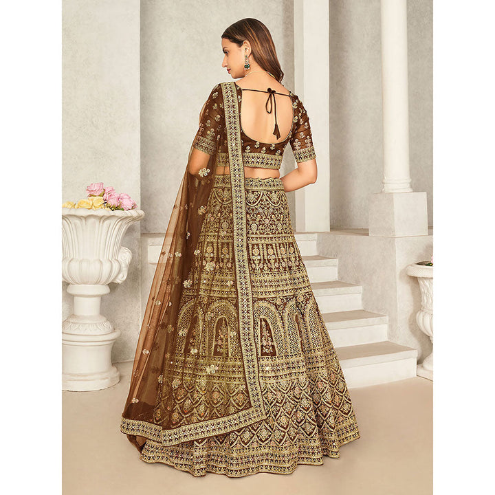 Odette Brown Organza Net Embroidered Semi Stitched Lehenga with Unstitched Blouse (Set of 3)