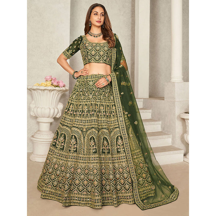 Odette Green Organza Net Embroidered Semi Stitched Lehenga with Unstitched Blouse (Set of 3)