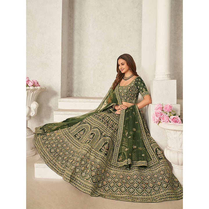 Odette Green Organza Net Embroidered Semi Stitched Lehenga with Unstitched Blouse (Set of 3)