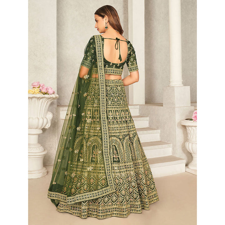 Odette Green Organza Net Embroidered Semi Stitched Lehenga with Unstitched Blouse (Set of 3)