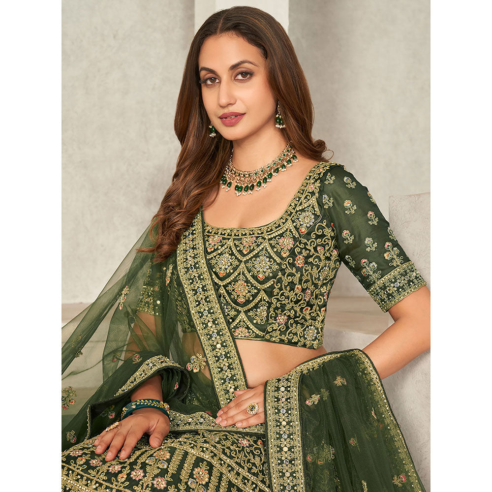 Odette Green Organza Net Embroidered Semi Stitched Lehenga with Unstitched Blouse (Set of 3)