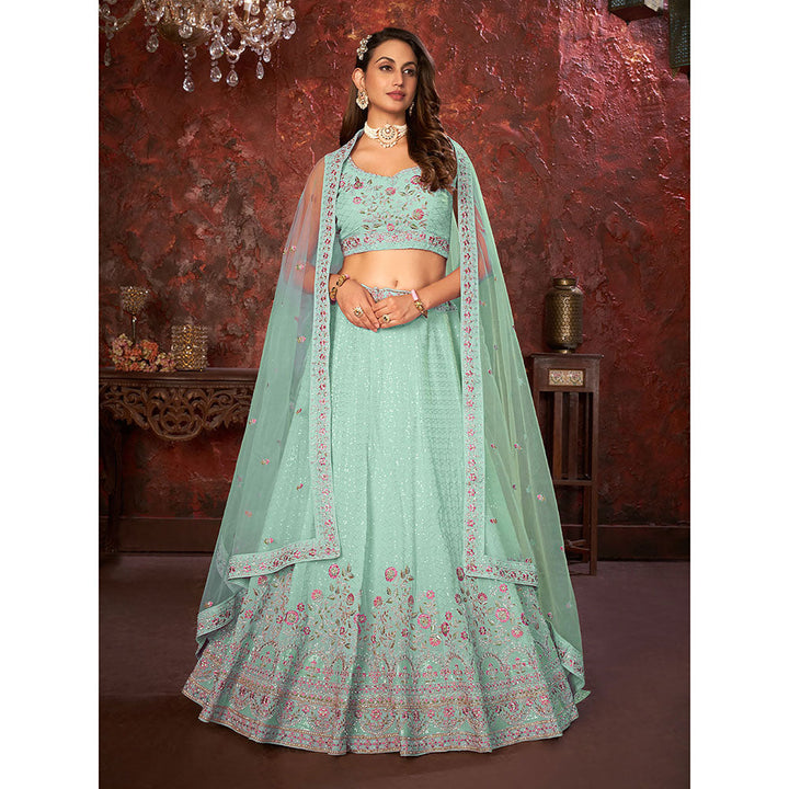 Odette Sky Green Georgette Embellished Semi Stitched Lehenga with Unstitched Blouse (Set of 3)