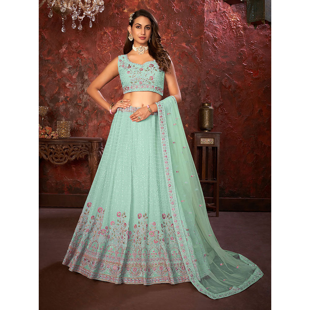 Odette Sky Green Georgette Embellished Semi Stitched Lehenga with Unstitched Blouse (Set of 3)