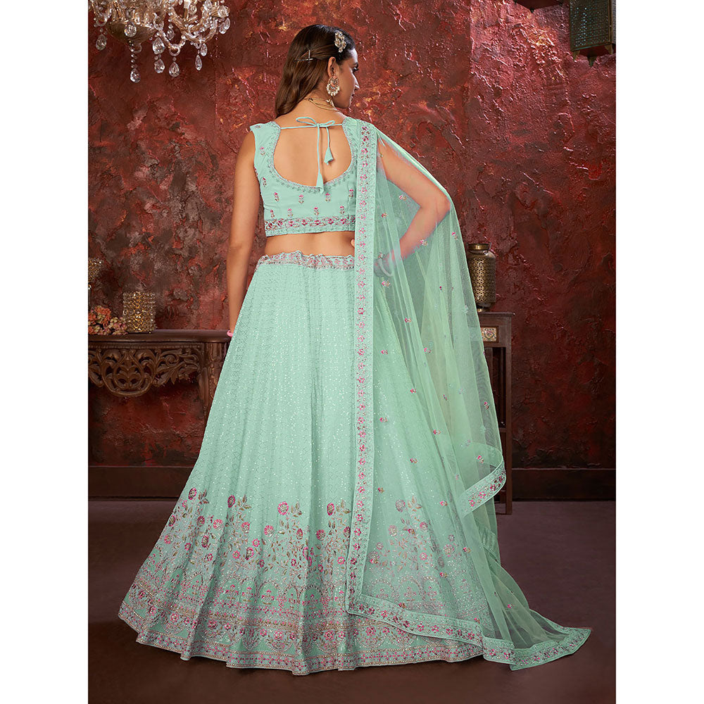 Odette Sky Green Georgette Embellished Semi Stitched Lehenga with Unstitched Blouse (Set of 3)