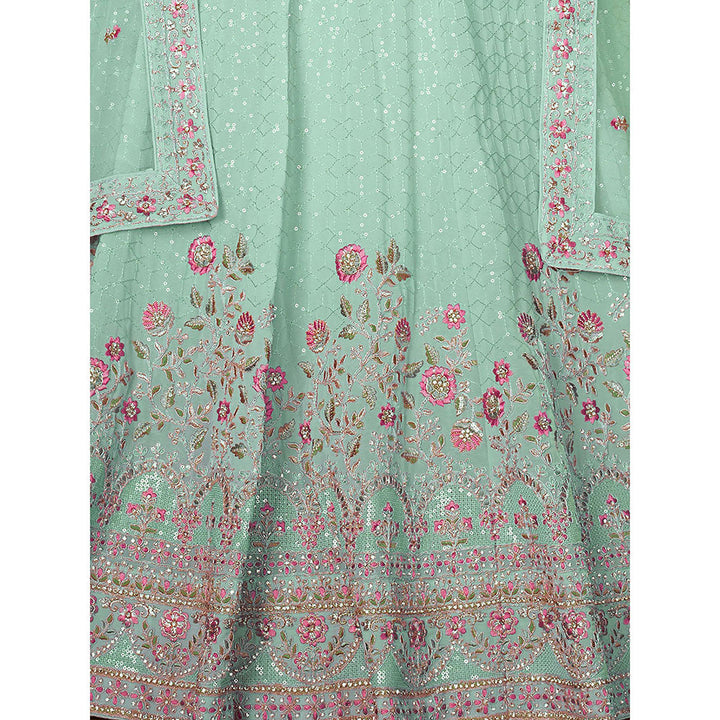 Odette Sky Green Georgette Embellished Semi Stitched Lehenga with Unstitched Blouse (Set of 3)