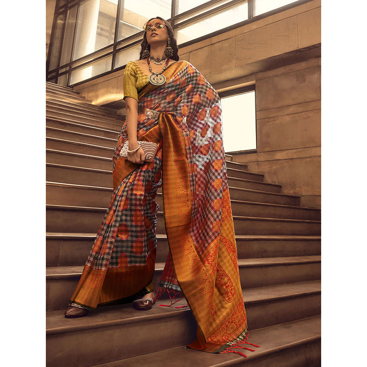 Odette Orange Handloom Woven Silk Blend Saree with Unstitched Blouse for Women