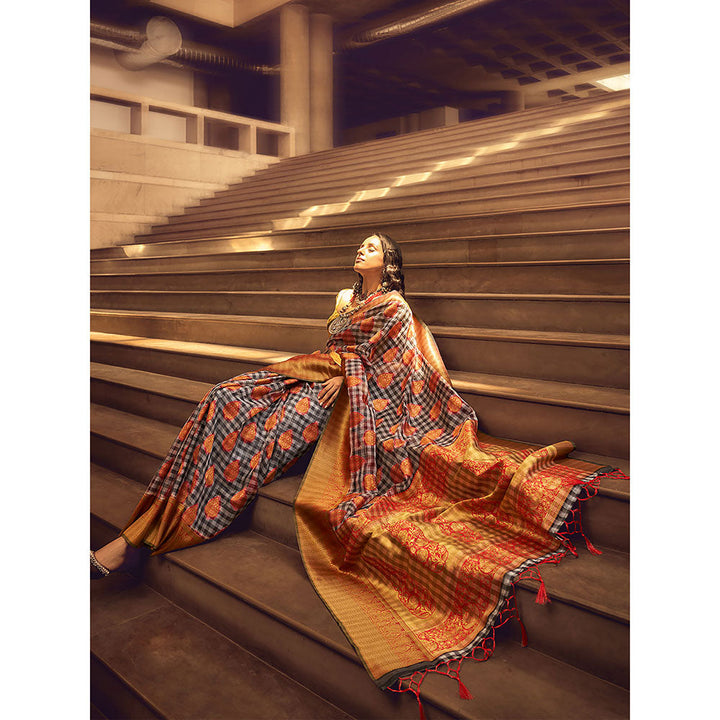 Odette Orange Handloom Woven Silk Blend Saree with Unstitched Blouse for Women