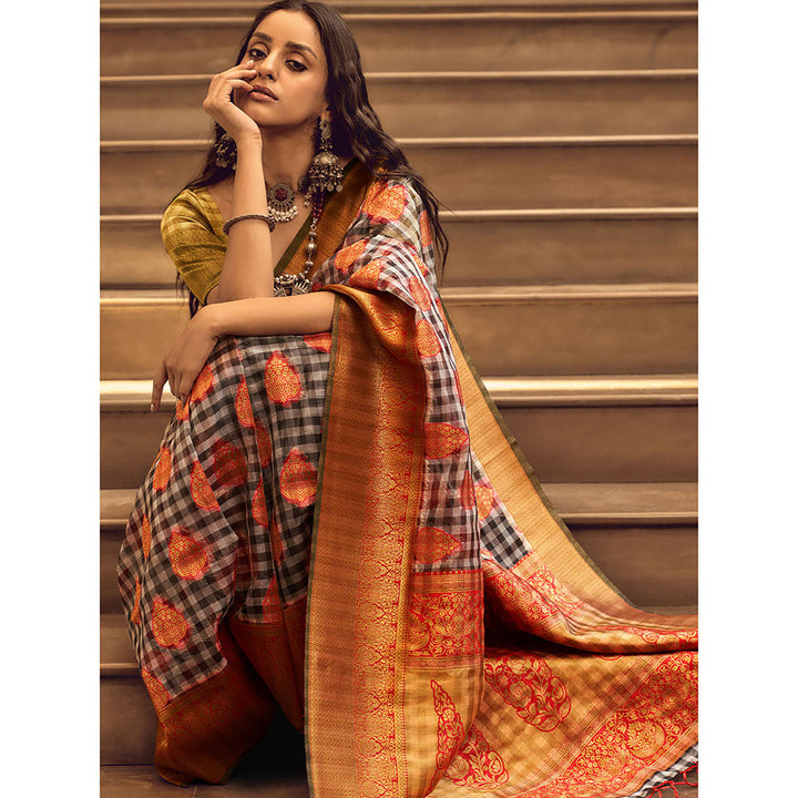 Odette Orange Handloom Woven Silk Blend Saree with Unstitched Blouse for Women