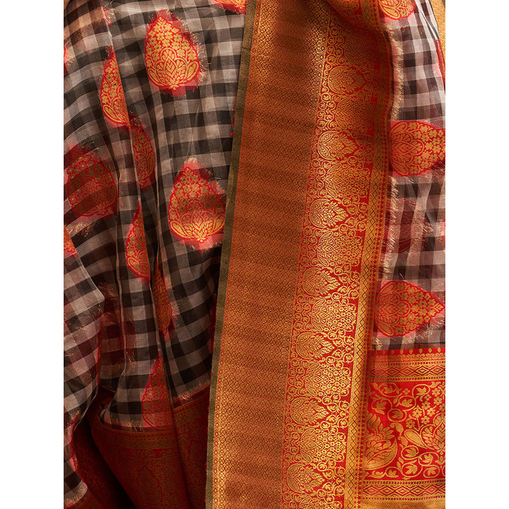 Odette Orange Handloom Woven Silk Blend Saree with Unstitched Blouse for Women