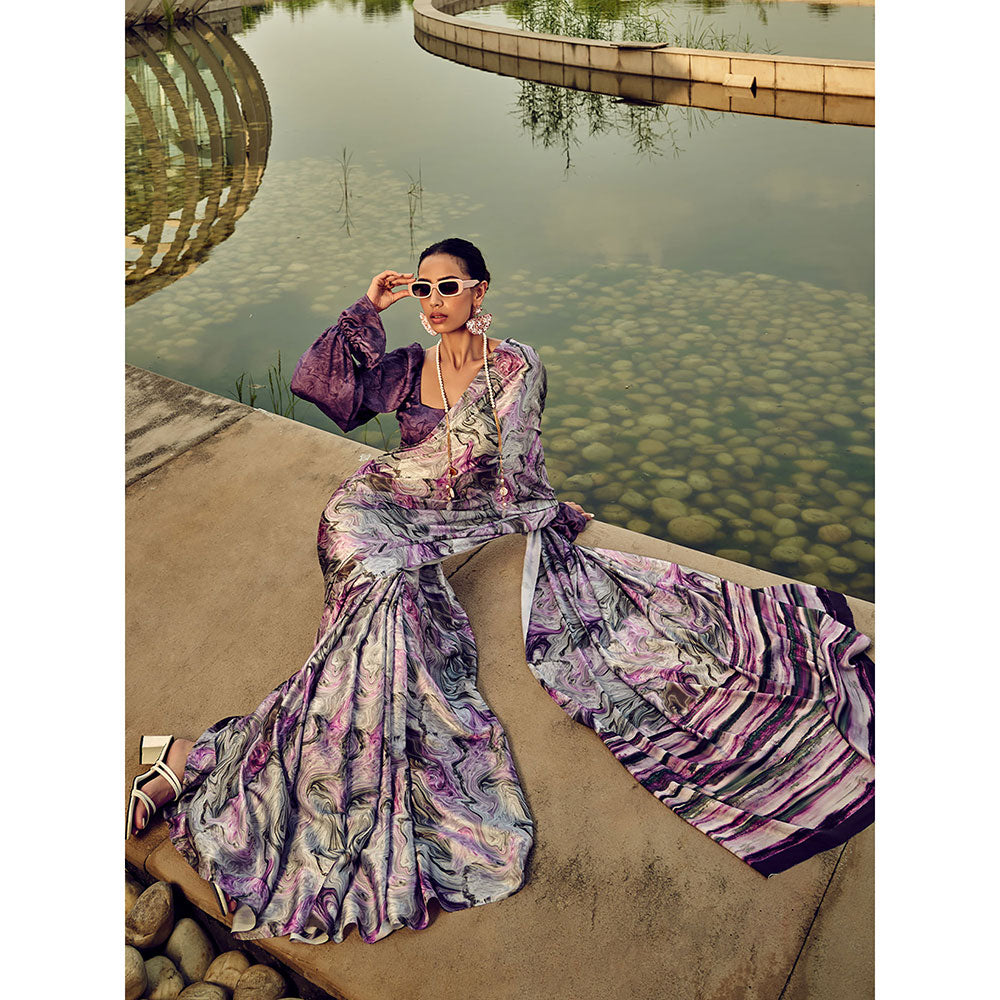 Odette Purple Digital Printed Saree with Unstitched Blouses for Women