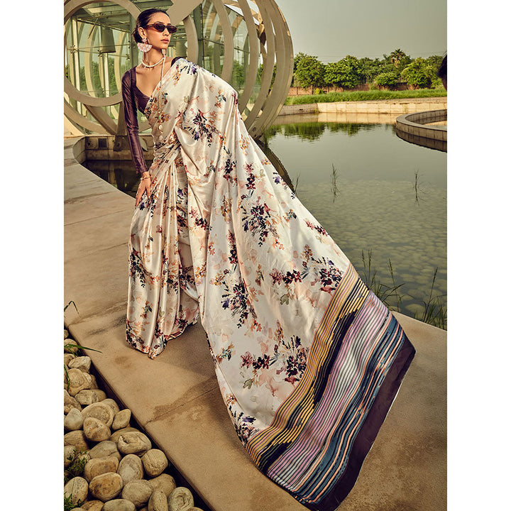 Odette White Digital Printed Saree with Unstitched Blouses for Women