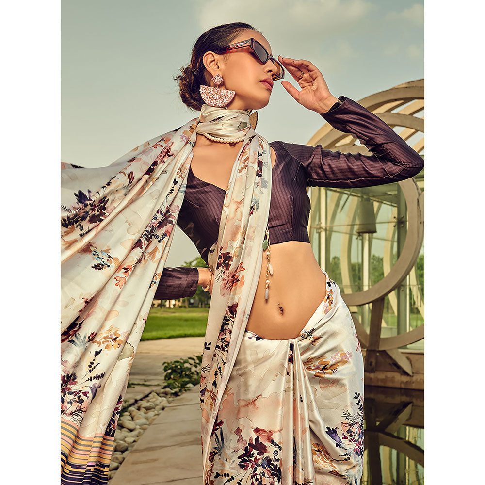 Odette White Digital Printed Saree with Unstitched Blouses for Women