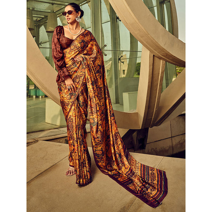 Odette Brown Digital Printed Saree with Unstitched Blouses for Women