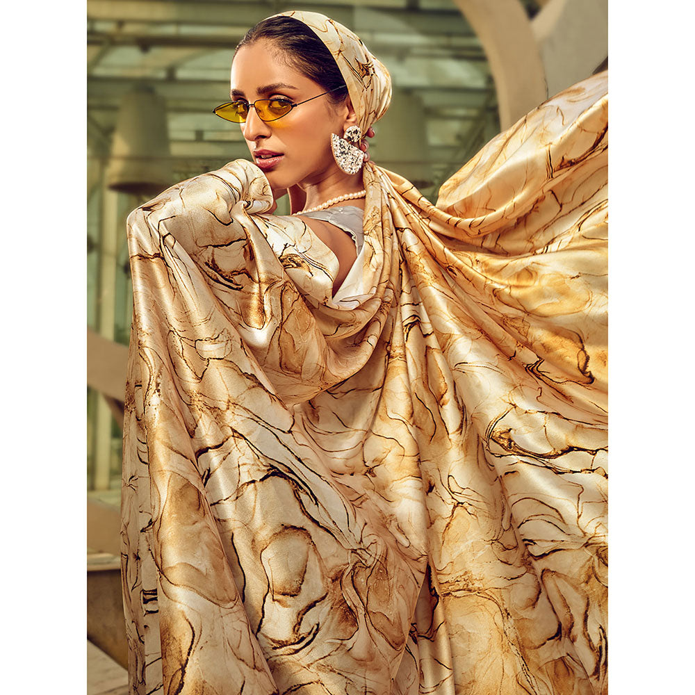 Odette White Digital Printed Saree with Unstitched Blouses for Women