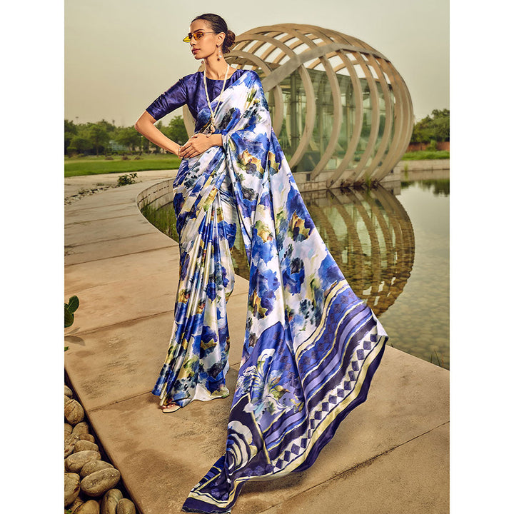 Odette Off White And Blue Digital Printed Saree with Unstitched Blouses for Women