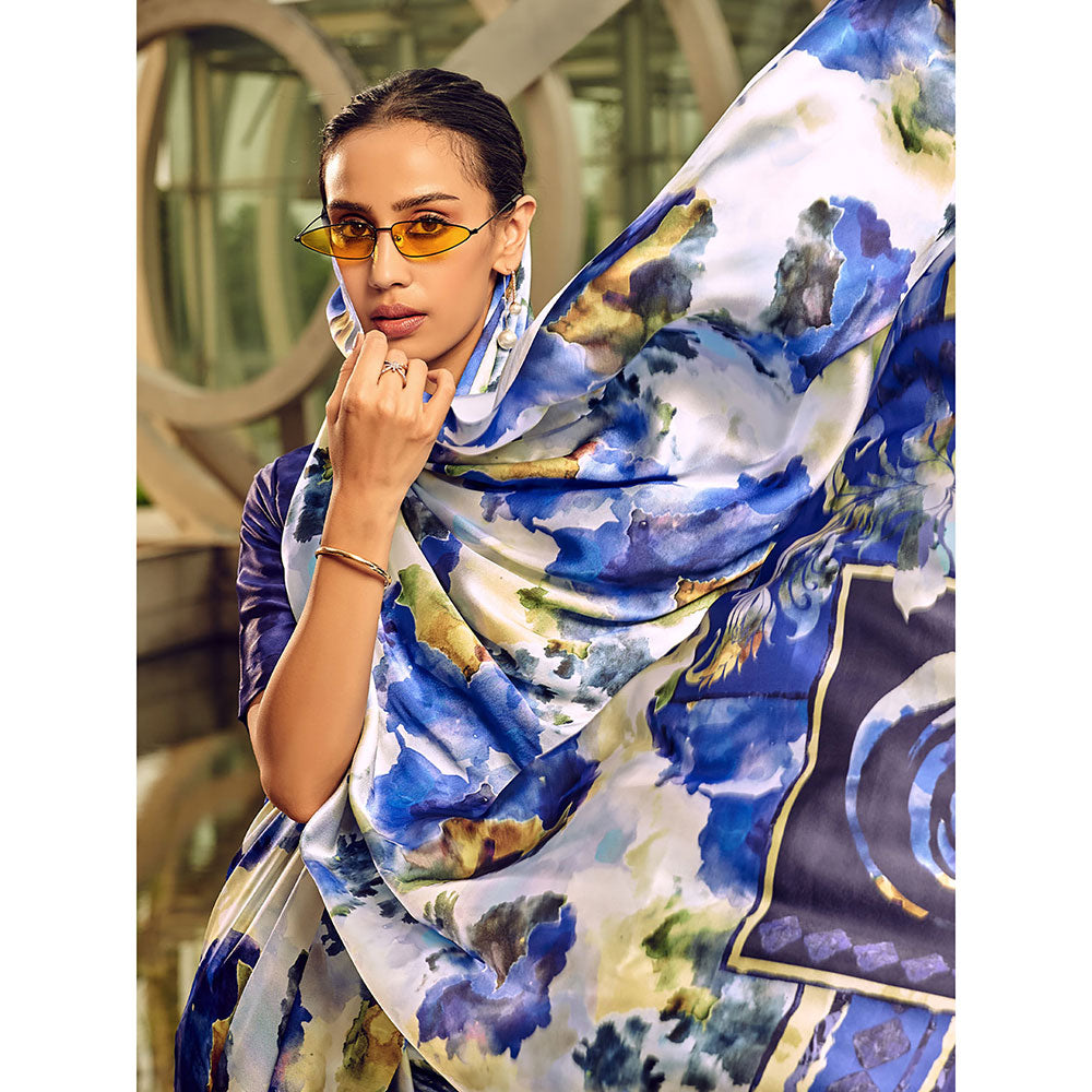 Odette Off White And Blue Digital Printed Saree with Unstitched Blouses for Women