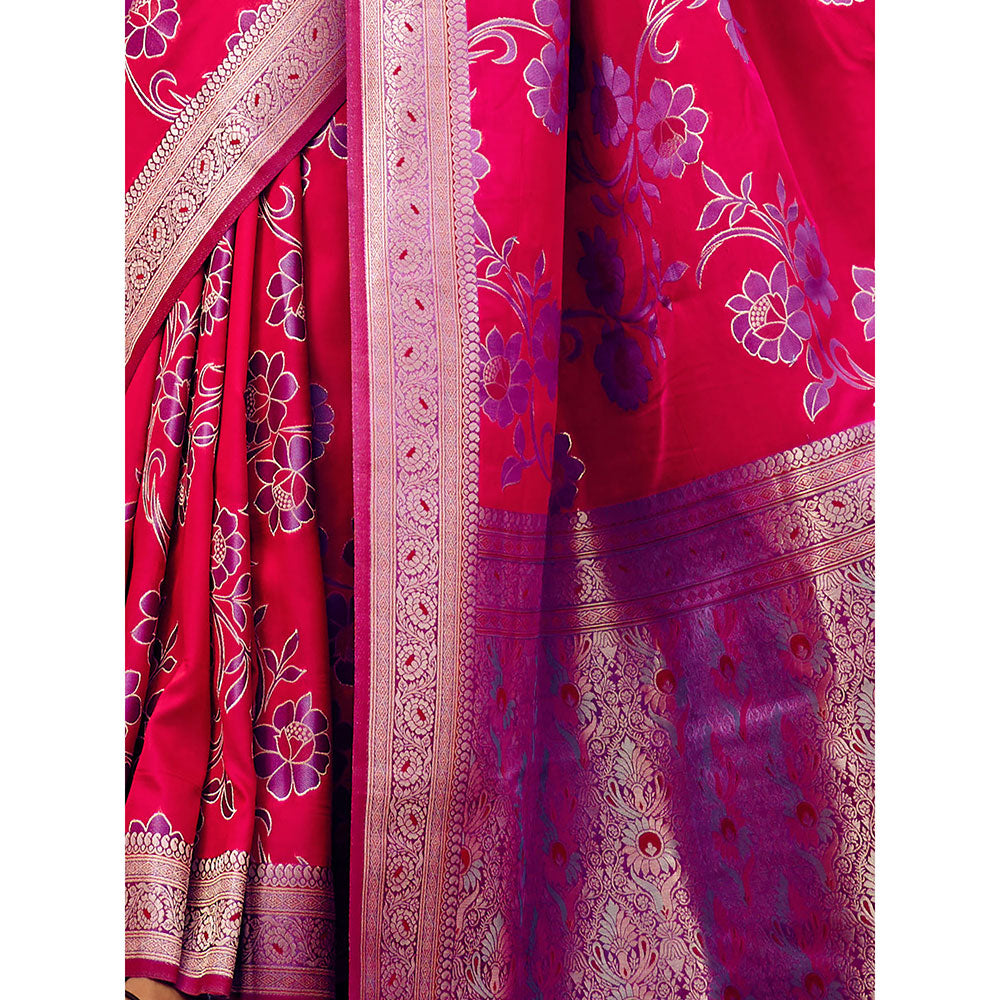 Odette Red Handloom Woven Satin Saree with Unstitched Blouse for Women