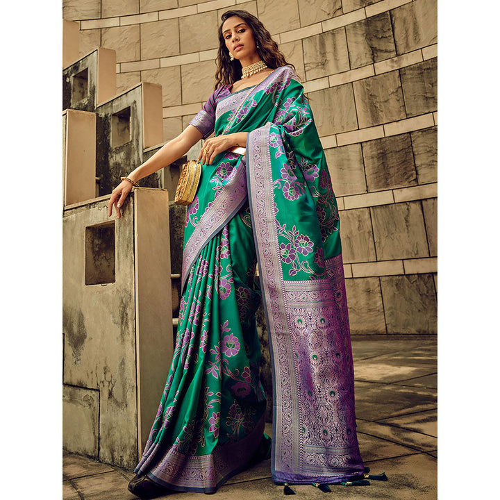 Odette Teal Handloom Woven Satin Saree with Unstitched Blouse for Women