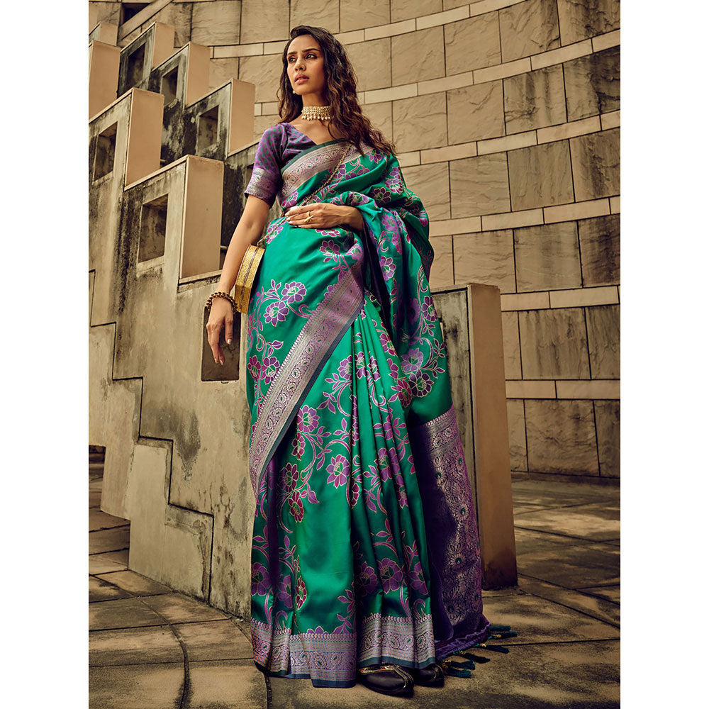 Odette Teal Handloom Woven Satin Saree with Unstitched Blouse for Women