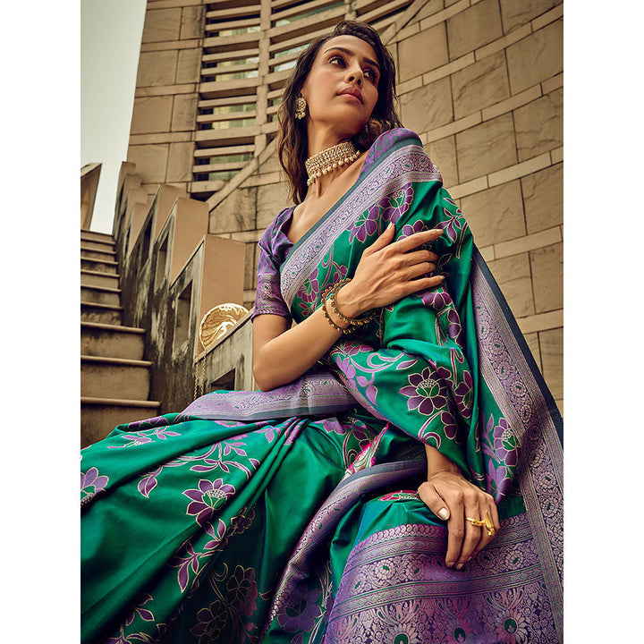 Odette Teal Handloom Woven Satin Saree with Unstitched Blouse for Women