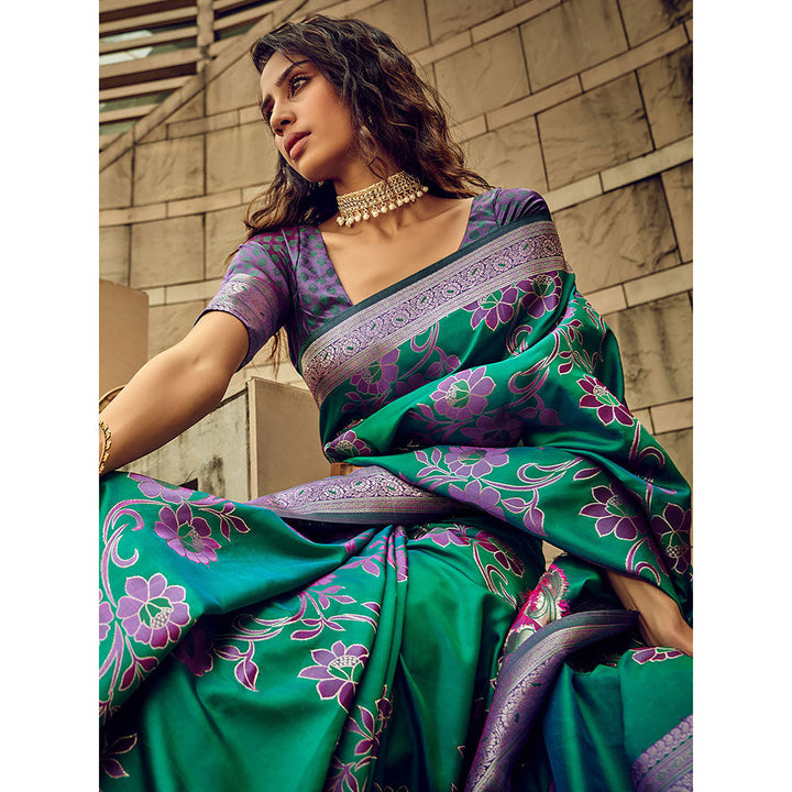 Odette Teal Handloom Woven Satin Saree with Unstitched Blouse for Women