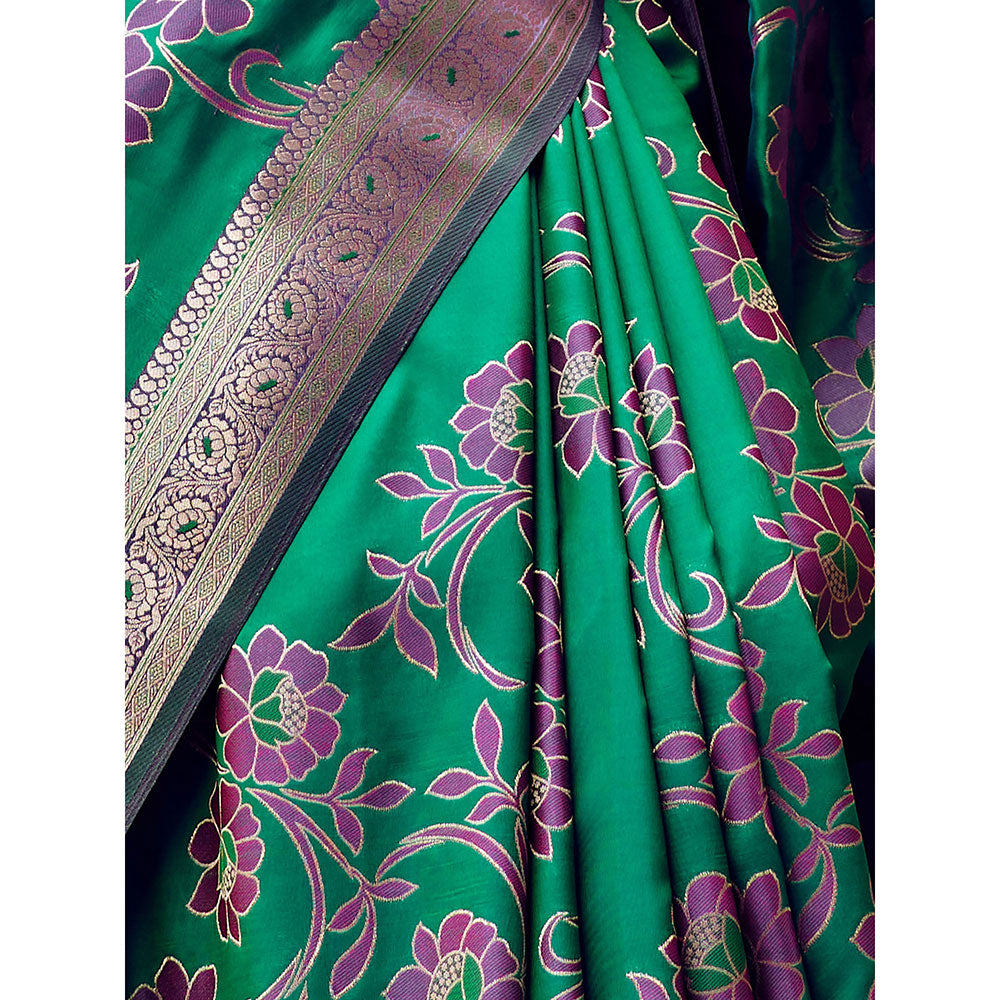 Odette Teal Handloom Woven Satin Saree with Unstitched Blouse for Women