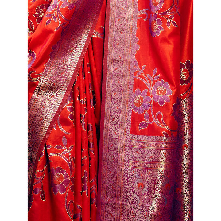 Odette Orange Handloom Woven Satin Saree with Unstitched Blouse for Women