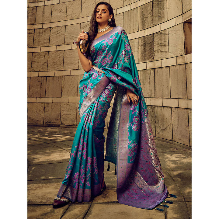 Odette Blue Handloom Woven Satin Saree with Unstitched Blouse for Women