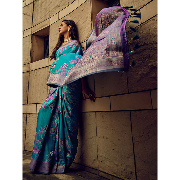 Odette Blue Handloom Woven Satin Saree with Unstitched Blouse for Women