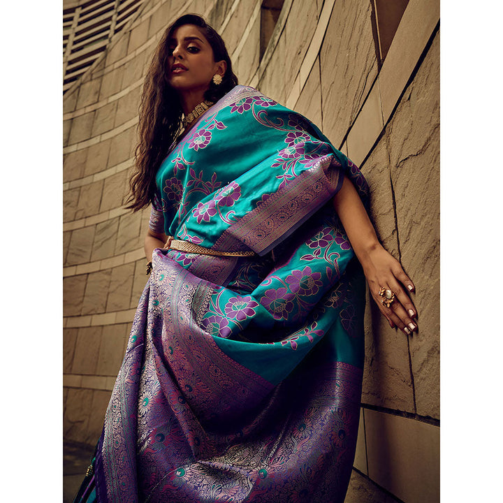 Odette Blue Handloom Woven Satin Saree with Unstitched Blouse for Women