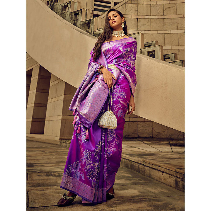 Odette Purple Handloom Woven Satin Saree with Unstitched Blouse for Women