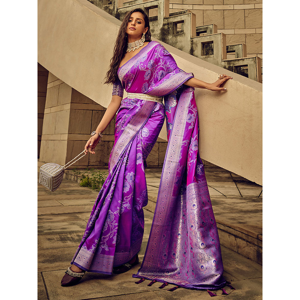 Odette Purple Handloom Woven Satin Saree with Unstitched Blouse for Women