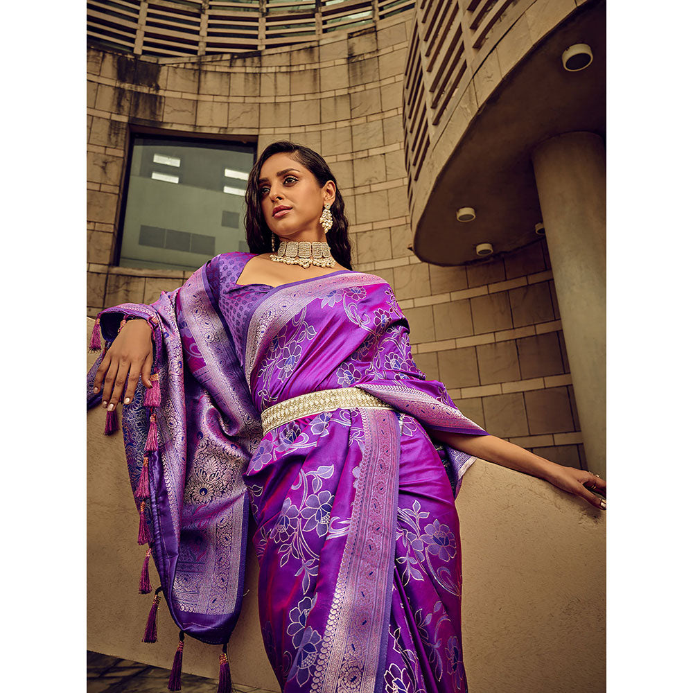 Odette Purple Handloom Woven Satin Saree with Unstitched Blouse for Women