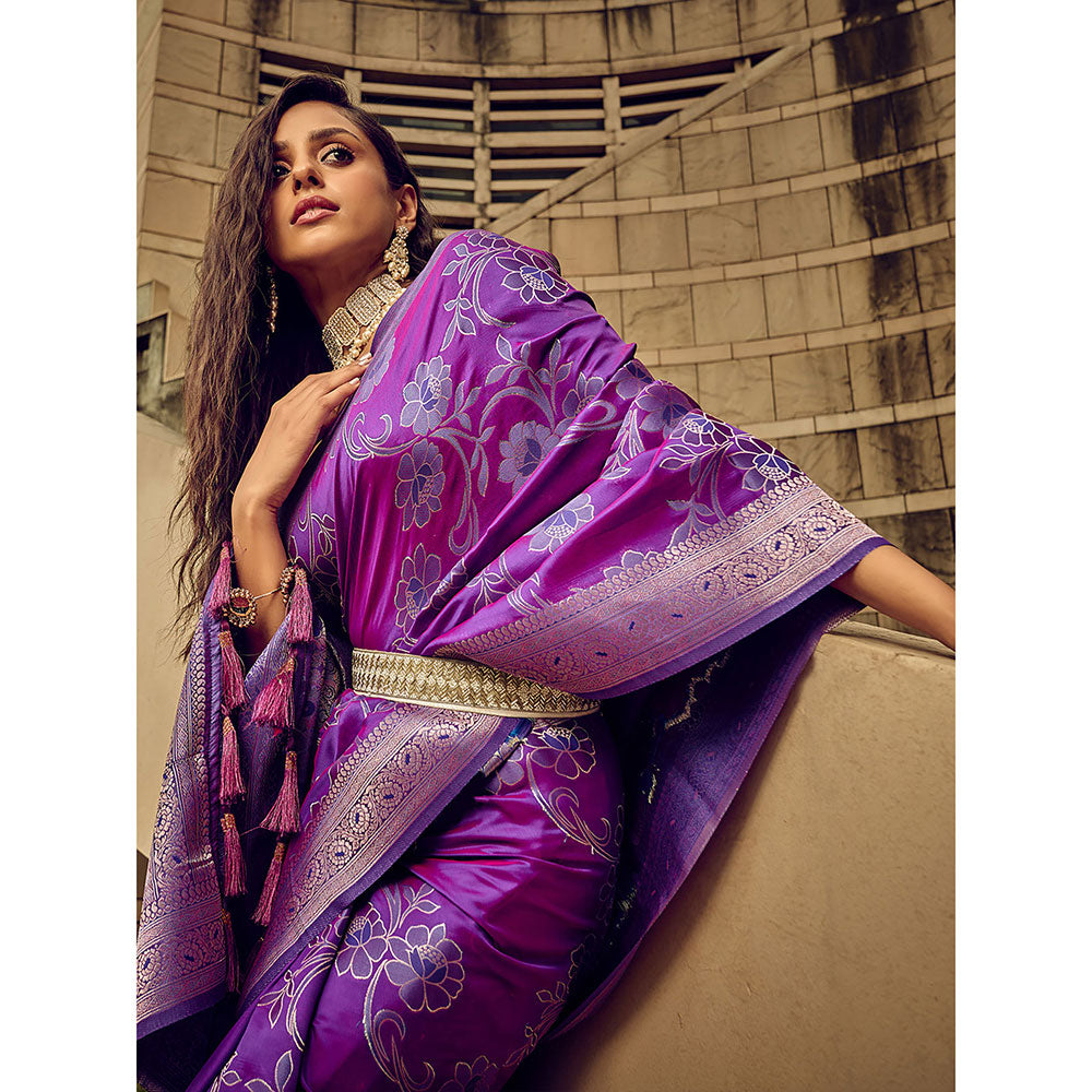 Odette Purple Handloom Woven Satin Saree with Unstitched Blouse for Women