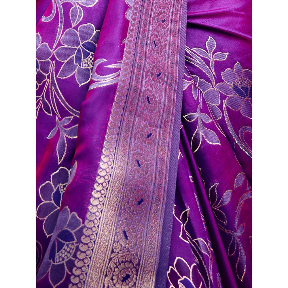 Odette Purple Handloom Woven Satin Saree with Unstitched Blouse for Women