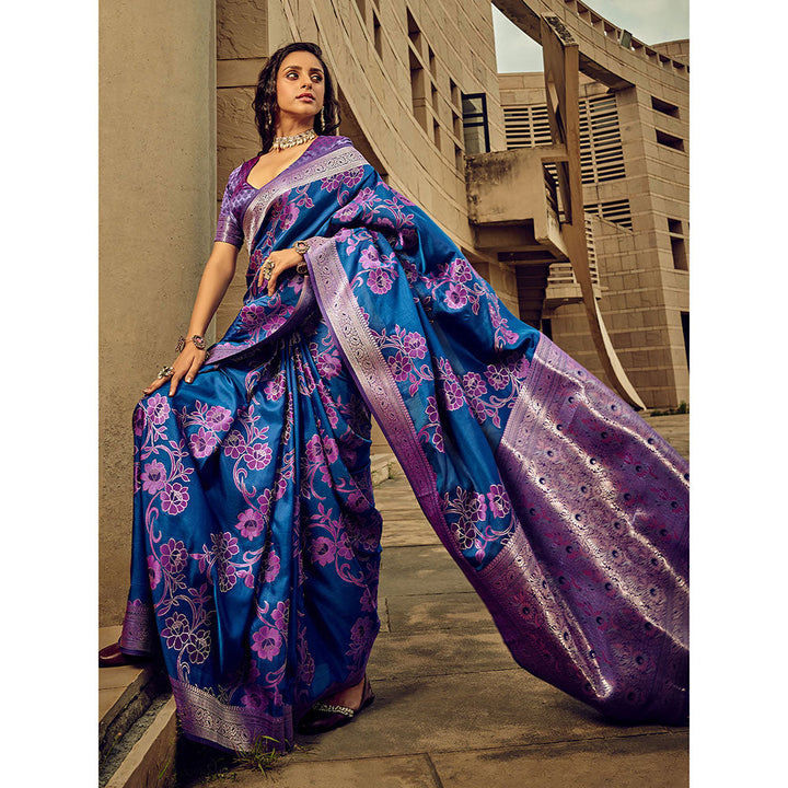 Odette Blue Handloom Woven Satin Saree with Unstitched Blouse for Women