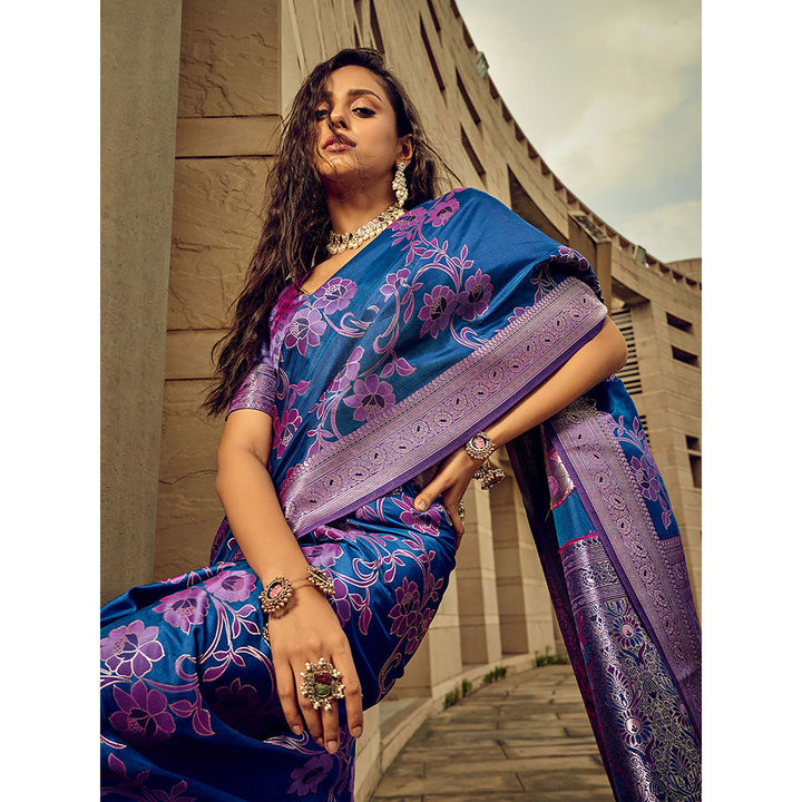 Odette Blue Handloom Woven Satin Saree with Unstitched Blouse for Women