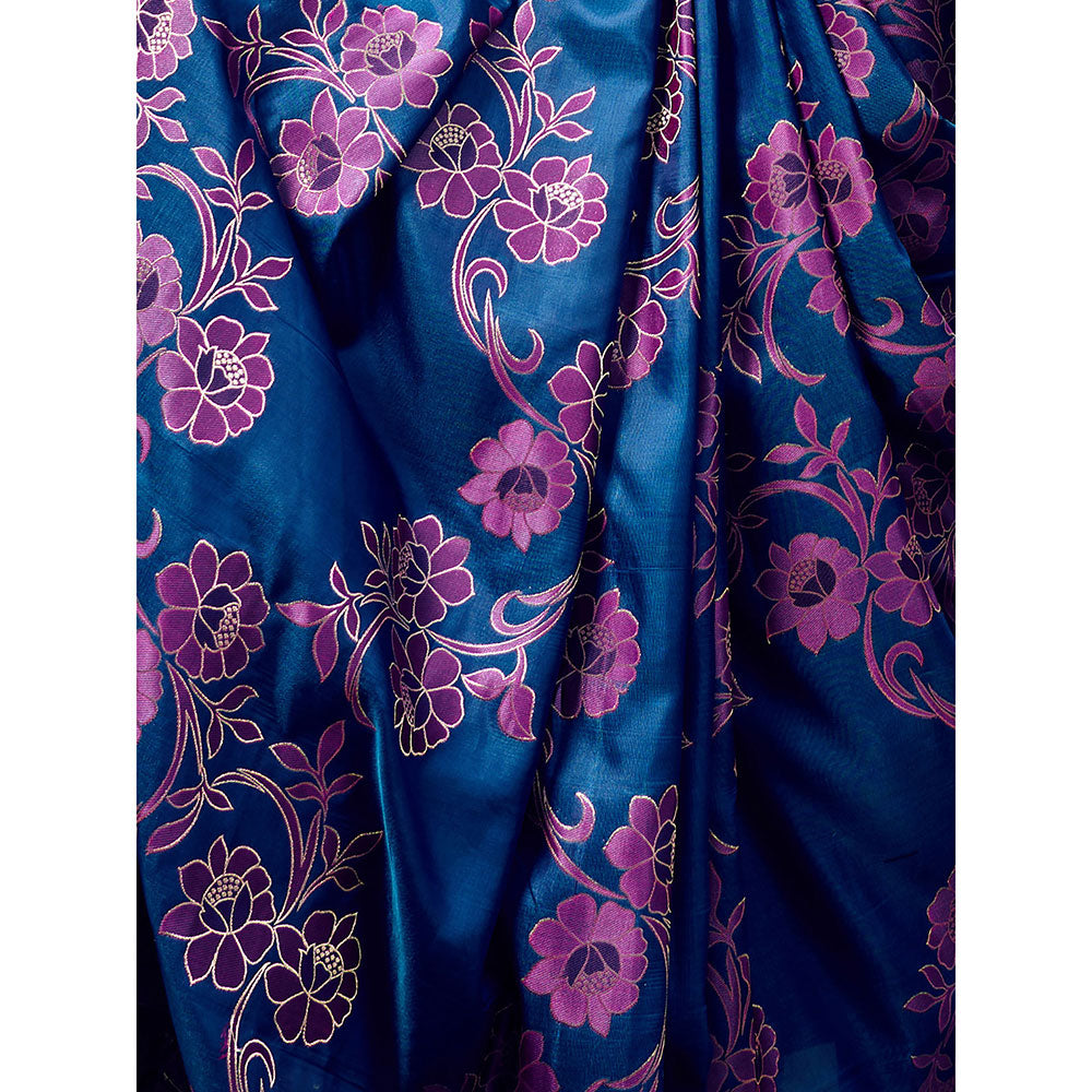 Odette Blue Handloom Woven Satin Saree with Unstitched Blouse for Women