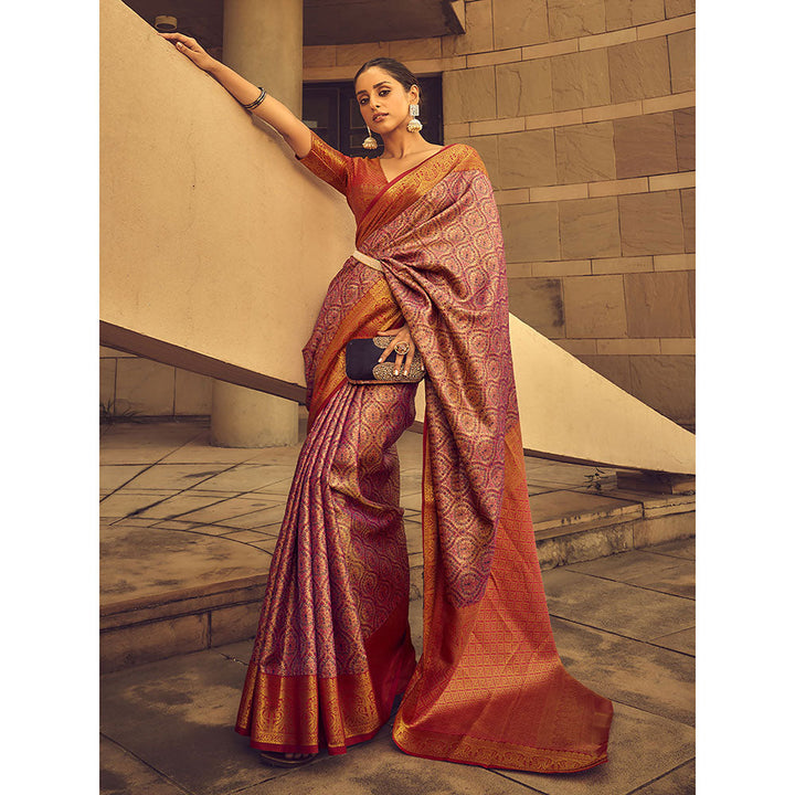 Odette Purple Handloom Woven Silk Blend Saree with Unstitched Blouse for Women