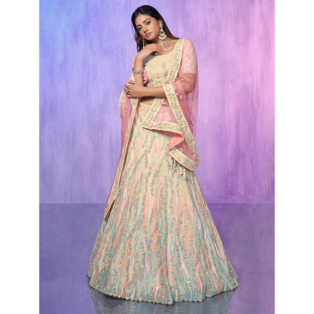 Odette Off White Embroidered Organza Semi Stitched Lehenga with Blouse & Dupatta (Set of 3)