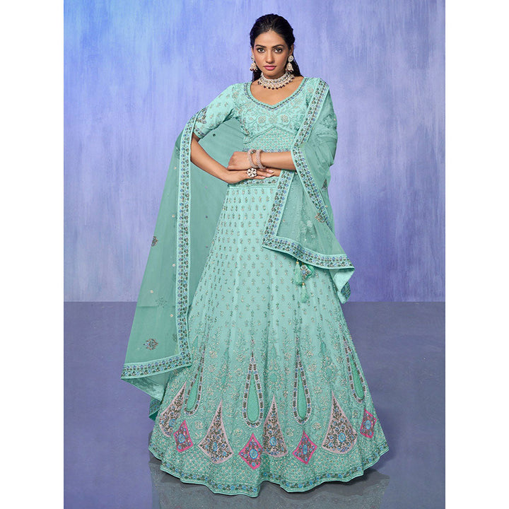 Odette Sea Green Embroidered Semi Stitched Lehenga with Blouse & Dupatta (Set of 3)