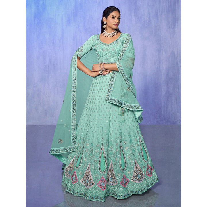 Odette Sea Green Embroidered Semi Stitched Lehenga with Blouse & Dupatta (Set of 3)