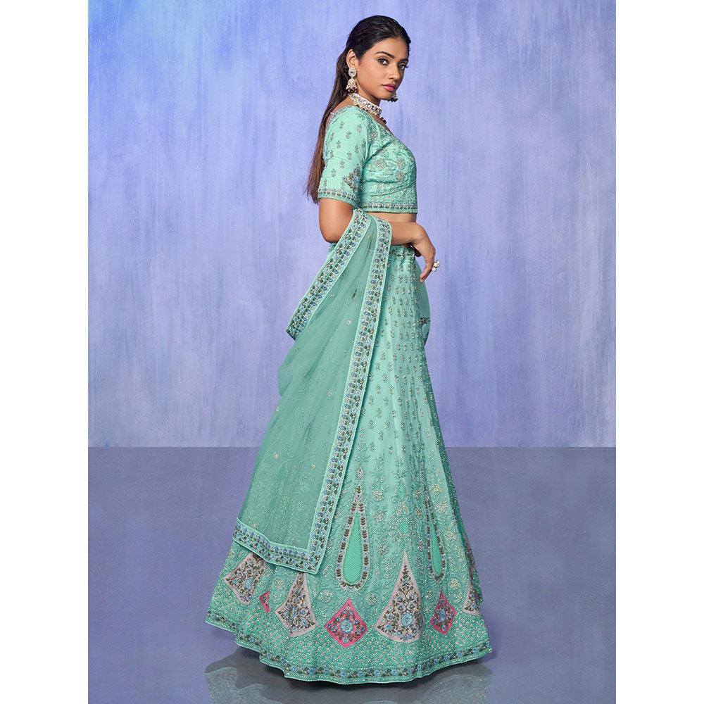 Odette Sea Green Embroidered Semi Stitched Lehenga with Blouse & Dupatta (Set of 3)