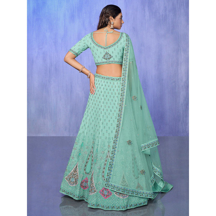 Odette Sea Green Embroidered Semi Stitched Lehenga with Blouse & Dupatta (Set of 3)